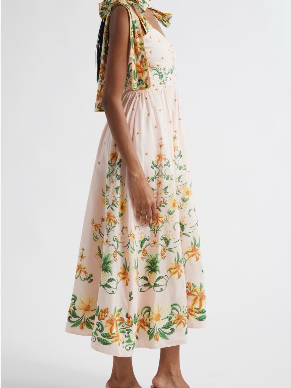 FARM Rio Peach Midi Dress with Green and Yellow Floral Embroidery - Picture 2 of 9